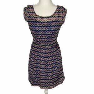 BeBop A Line Dress Multicolor Chevron Lined Cap Sleeves Scoop Neck Size M
